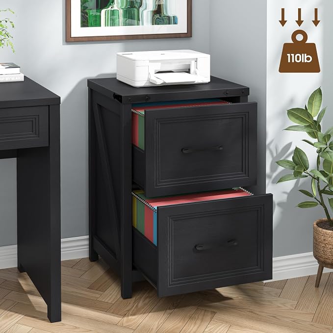 Vabches 2 Drawer Vertical File Cabinet, Wood Farmhouse Filing Cabinet Fits A4/Letter Size, Under Desk Small File Cabinets Printer Stand with Storage for Home Office, Black