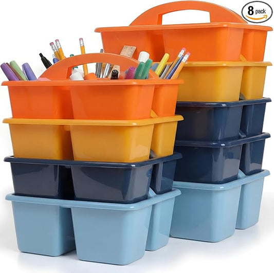 Kathfly 8 Pack Classroom Caddy Organizer with Handle, Plastic Art Craft Cleaning Caddy Bulk, Small Multipurpose Supply Organization Storage Basket for Table Desk Office Pencil Teacher (Blue Orange)
