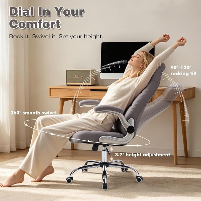 High Back Fabric Office Chair, Comfy Velvet Executive Desk Chair with Flip-Up Arms, Ergonomic Office Desk Chair with Lumbar Support, Upholstered Home Computer Chair with Wheels (Grey)