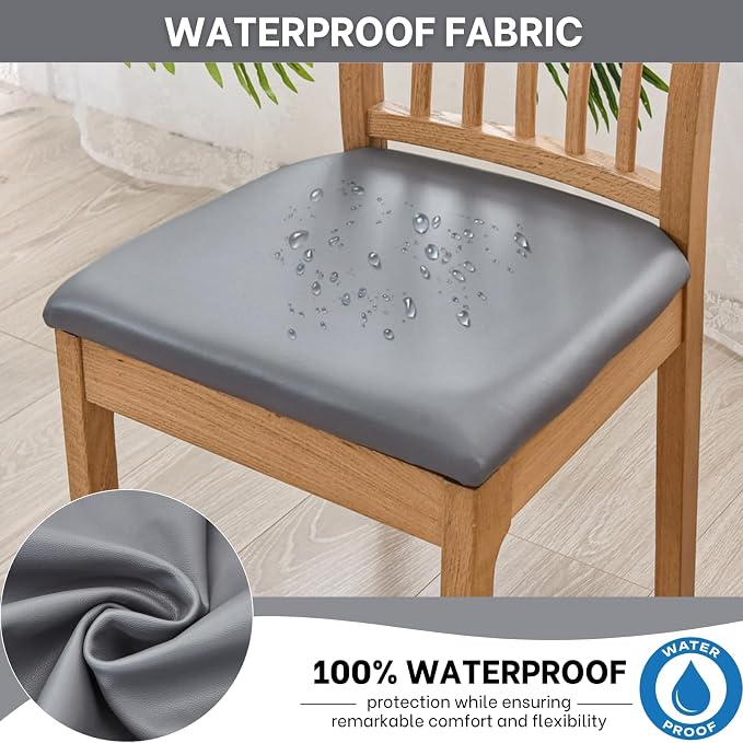 SearchI Waterproof PU Leather Seat Covers for Dining Chairs, 6 Pack Stretch Dining Room Chair Seat Covers, Kitchen Chair Seat Covers Protectors (Grayish)