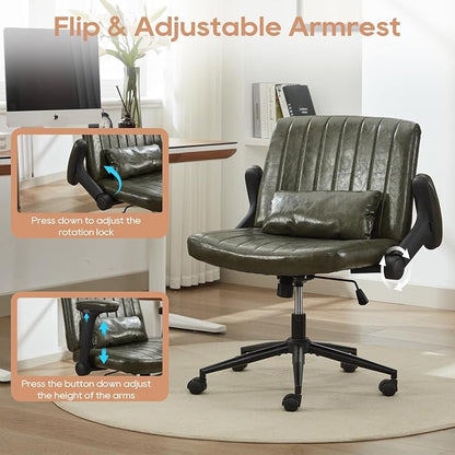 IPKIG Criss Cross Chair with Adjustable Flip-up Arms, Vanity Chair with Wheels, Comfy Desk Chair with Lumbar Pillow Swivel Wide Office Chair for Home Office, Bedroom (PU Leather, Green)