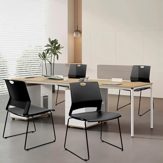 KLASIKA Stackable Guest Reception Chairs, Stacking Office Chair with Ergonomic Lumbar Support & Metal Legs, Plastic Desk Chairs for Conference School Church Waiting Meeting Break Room Set of 8, Black