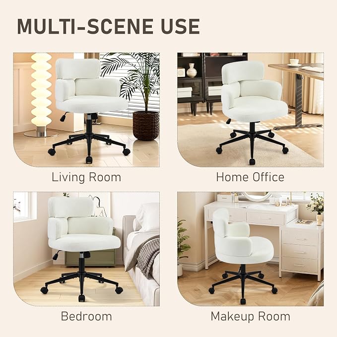 Home Office Chair with Unique Curved Back, Wide Seat Computer Desk Chair with Wheels,Swivel Tilt & Height Adjustable, Plush Chenille Fabric Matel Base for Home Office, Beige