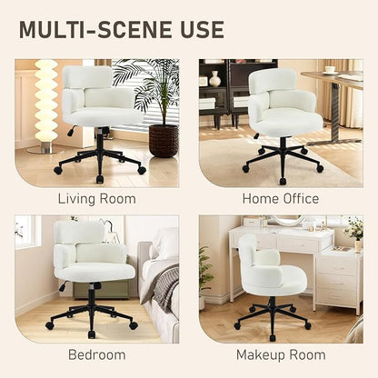 Home Office Chair with Unique Curved Back, Wide Seat Computer Desk Chair with Wheels,Swivel Tilt & Height Adjustable, Plush Chenille Fabric Matel Base for Home Office, Beige