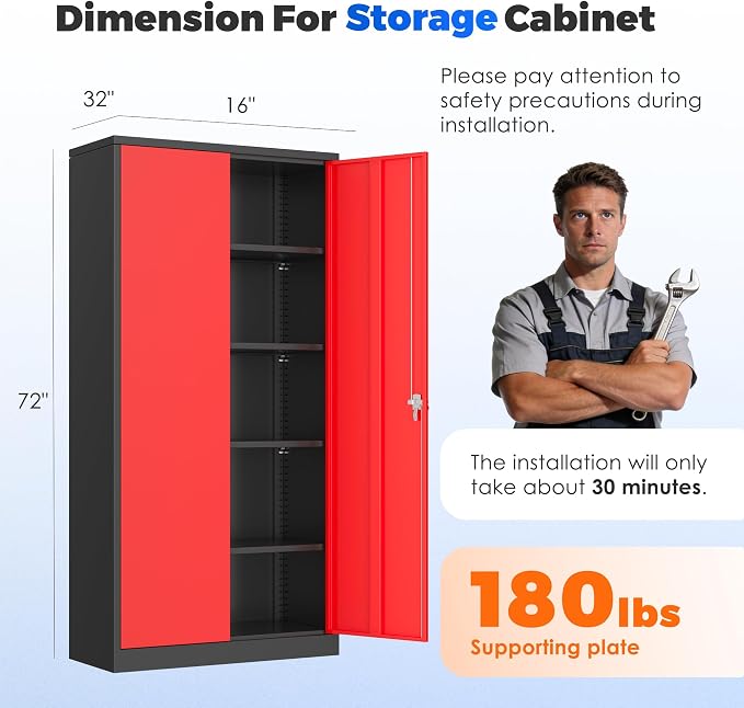 INTERGREAT Metal Garage Storage Cabinet with Lock, 72" Storage Cabinet with Locking Doors and 4 Adjustable Shelves, Lockable Steel Tool Cabinet for Home Office, School, Black Red