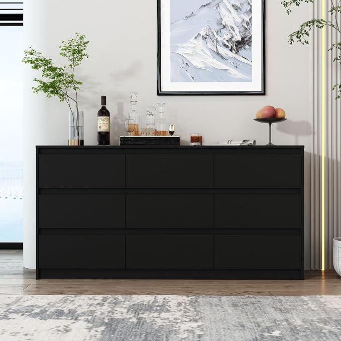 Home Office Cabinet with 9 Storage Units, 63” Lateral File Cabinet with No Handle Drawers, Wide Storage Cabinet, Black, 15.7”D x 63”W x 31.5”H