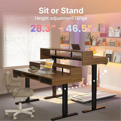 HUANUO 48″ x 26″ Electric Standing Desk with 2 Drawers &24.4″ Large Keyboard Tray, C-Clamp Mount Compatible, Adjustable Computer Desk for Office, Sit Stand Up Desk with 4 Height Presets, Deep Walnut