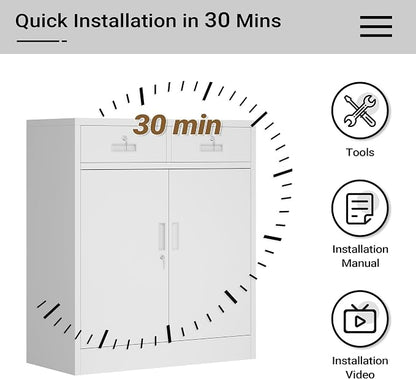 CJF Metal Storage Cabinet, Locking Storage Cabinet with Doors and 2 Drawers, Metal Cabinets for Office/Home/Garage 36" H x 32" W x 16" D (White)