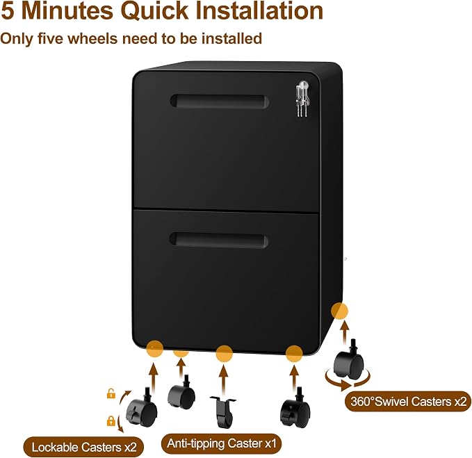 File Cabinet, Mobile Filing Cabinet with Lock, All Steel Structure Printer Stand, Fully Assembled Except Casters, Under Desk Storage for Home Office, 2 Drawers Document Organizer, Black