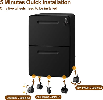 File Cabinet, Mobile Filing Cabinet with Lock, All Steel Structure Printer Stand, Fully Assembled Except Casters, Under Desk Storage for Home Office, 2 Drawers Document Organizer, Black