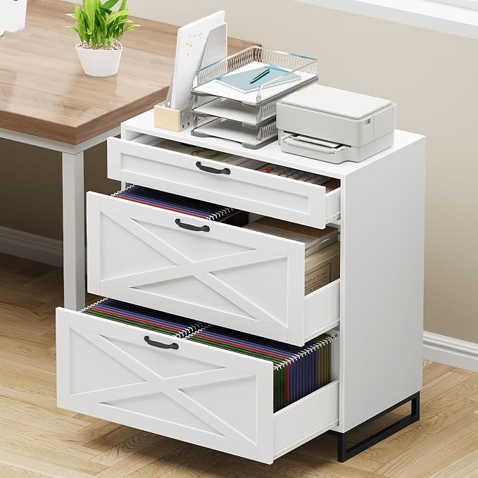Halitaa File Cabinet 3 Drawers Lateral File Cabinet for Letter/Legal/A4 Size Hanging Files, Large Wood File Storage Cabinets Printer Stand for Home Office, White and Black