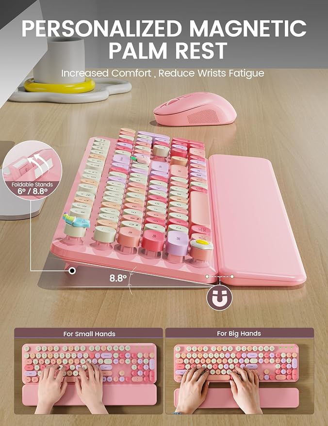 Wireless Keyboard and Mouse Combo, Typewriter Keyboard with Detachable Wrist Rest, Full-Size Retro Round Keycaps, Smart-Sleep, 2.4GHz Stable Connection for Mac/Windows/PC, Trueque(Rose Quartz Pink)