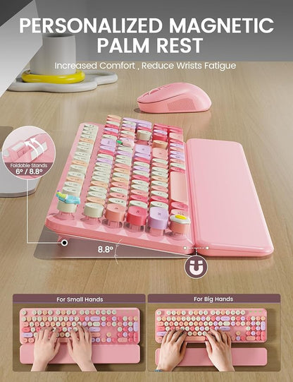 Wireless Keyboard and Mouse Combo, Typewriter Keyboard with Detachable Wrist Rest, Full-Size Retro Round Keycaps, Smart-Sleep, 2.4GHz Stable Connection for Mac/Windows/PC, Trueque(Rose Quartz Pink)