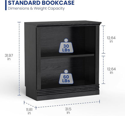 2-Shelf Bookcase, 32" Tall Floor Standing Bookshelf with Adjustable Shelves, Storage & Display Shelf for Living Room, Bedroom, Home Office – Black, 31.5" Wide