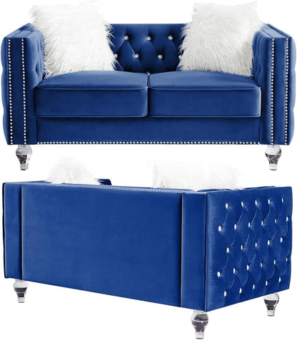 mikibama Velvet Loveseat with Buttons and Square Arms 59 Inch Tufted Sofa with Trimmed Nailhead and Acrylic Legs Loveseat Couch for Living Room,Bedroom (Navy Blue-Crystal Legs, Loveseat)