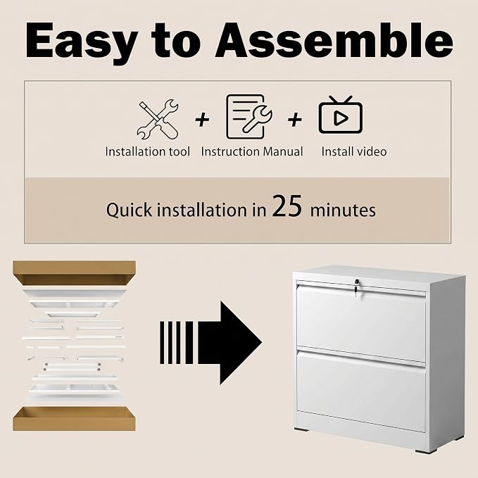 Lateral File Cabinet with Lock, 2 Drawer Filing Cabinet, Metal File Cabinets for Home Office, Steel Heavy-Duty Filing Storage Cabinet for Letters/Legal/A4 (Require Assembly, White)