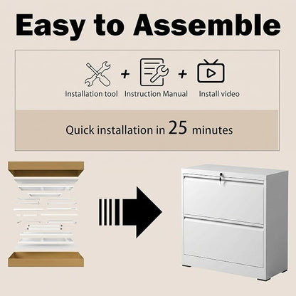Lateral File Cabinet with Lock, 2 Drawer Filing Cabinet, Metal File Cabinets for Home Office, Steel Heavy-Duty Filing Storage Cabinet for Letters/Legal/A4 (Require Assembly, White)