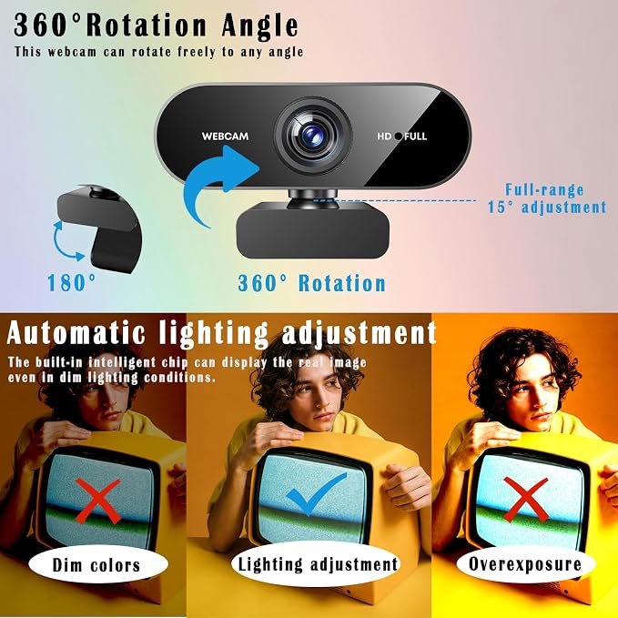 1080P Webcam for PC/Laptop, USB Webcam with Microphone, Noise Cancellation, Support Beauty, Plug & Play with Auto Light Correction for Video Calls, Live Streaming Gaming & Online Meetings