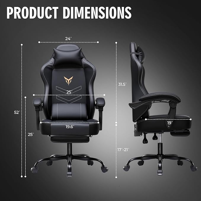 GTPLAYER Gaming Chair, Office Chair High Back Computer Chair with Foot Rest for Adults, Leather Desk Chair Executive Ergonomic Height Adjustable with Headrest and Lumbar Support, 300lbs Dark Black