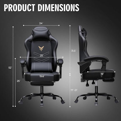 GTPLAYER Gaming Chair, Office Chair High Back Computer Chair with Foot Rest for Adults, Leather Desk Chair Executive Ergonomic Height Adjustable with Headrest and Lumbar Support, 300lbs Dark Black