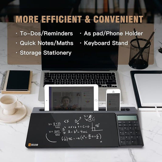SELEAD Desktop Glass Whiteboard with Calculator, Dry Erase Board Computer Pad Keyboard Stand with Organizer Drawer for Home, School, Office Desk Accessories, Black