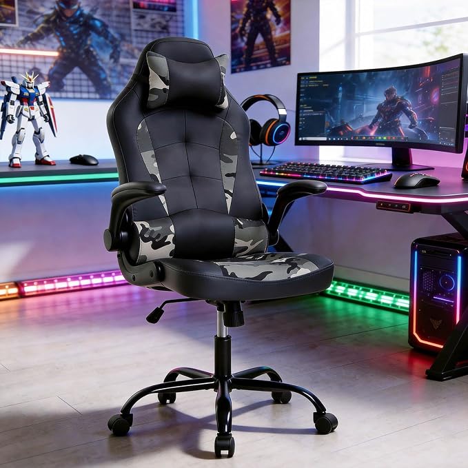 PC Gaming Chair Ergonomic Office Chair Desk Chair PU Leather Racing Chair Executive Swivel Rolling Computer Chair with Lumbar Support Flip Up Arms Headrest for Adults,Camo