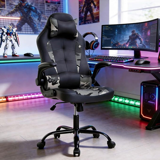 PC Gaming Chair Ergonomic Office Chair Desk Chair PU Leather Racing Chair Executive Swivel Rolling Computer Chair with Lumbar Support Flip Up Arms Headrest for Adults,Camo