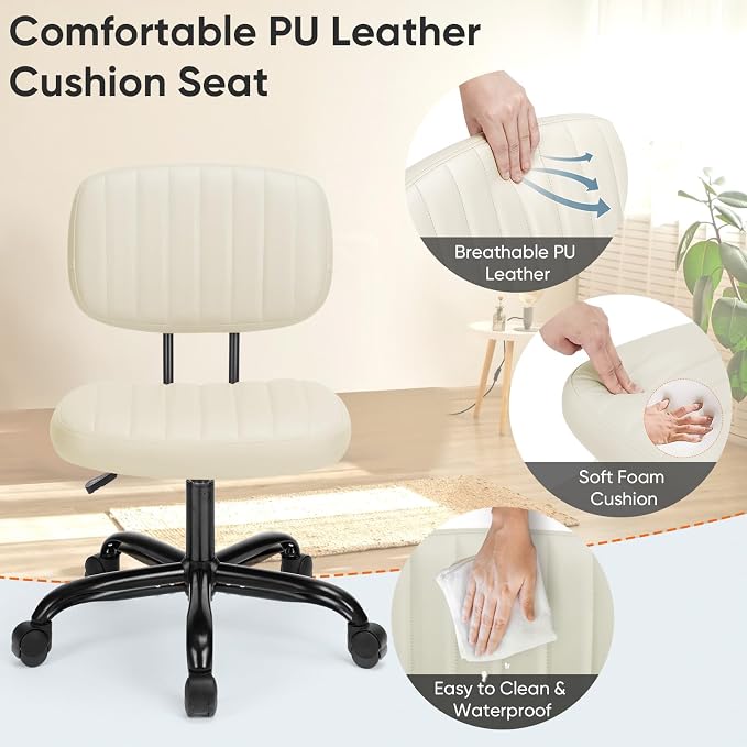 DUMOS Armless Home Office Chair: Small Desk Chair with Low Back Lumbar Support, Height Adjustable PU Leather Computer Task with 360° Swivel Wheels, for Adults, Beige