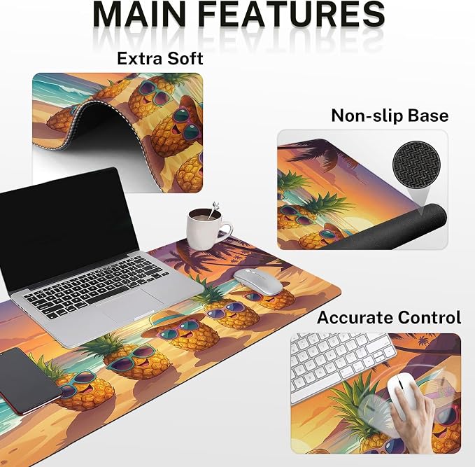 Britimes Summer Pineapple Keyboard Mouse Pad Set Funny Tropical Coastal 4in1 Large Mousepad+Keyboard Wrist Rest+Mouse Wrist Rest+Coaster Ergonomic Design for Home Office Computer 35.4x15.7 inches