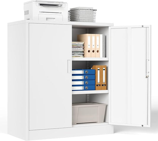 Metal Storage Cabinet, 36" H Locking Storage Cabinet, Metal Storage Cabinet with Locking Doors for Home, School, Office, Garage, White