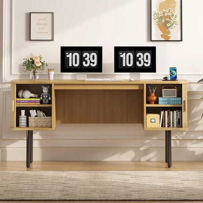 ONBRILL 63 Inch Fluted Computer Desk with Charging Station, Mid Century Executive Desk with 2 Storage Cabinets, Modern Home Office Large Desk with Metal Legs for Working, Studying, Writing, Oak