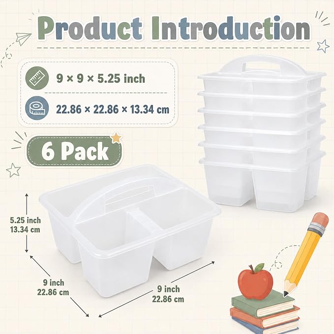 6 Pack 3 Compartment Small Caddy Plastic Classroom Organizer with Handle Portable Teacher Supply Storage Caddy Craft Art Caddies for Pencil, Crayon, Marker, Home, Office, School Supplies(Clear)