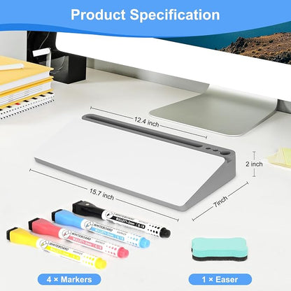Desktop Glass Whiteboard with Storage, Grey Desk Dry Erase White Board with Computer Keyboard Stand, Desk Organizers and Accessories with Removable Cubicles for Office, Home, College, School