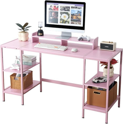 MINOSYS Computer Desk 55-inch with Storage Shelf - Pink Ideal Gaming Desk for Bedrooms, Small Spaces, and Home Offices Modern Writing Desk for PCs.