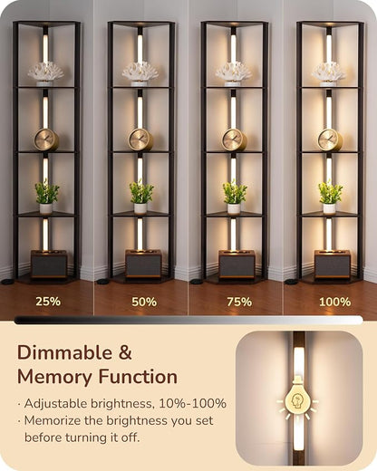 EDISHINE 64" Corner Shelf Floor Lamp for Living Room, Modern LED Corner Light with Shelves, 3CCT, Stepless Dimmable Tall Floor Light for Bedroom, Office, Dining Room, 3000K 4000K 5000K, Black Walnut