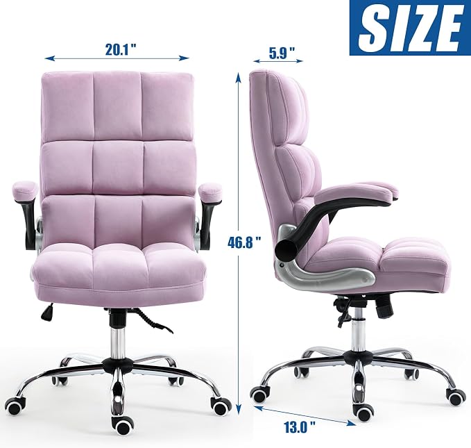 ECOTOUGE Executive Office Chair, Velvet Ergonomic Comfy Desk Chair, High Back Computer Chair with Adjustable Tilt Angle and Flip-up Arms (Violet, Without Footrest)