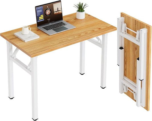 Need 35.8 Inch Folding Desk for Small Spaces, Home Office Computer Desk with Teak Wood Top & White Frame, Foldable Writing Table for Study, Bedroom, Dorm Room & Student