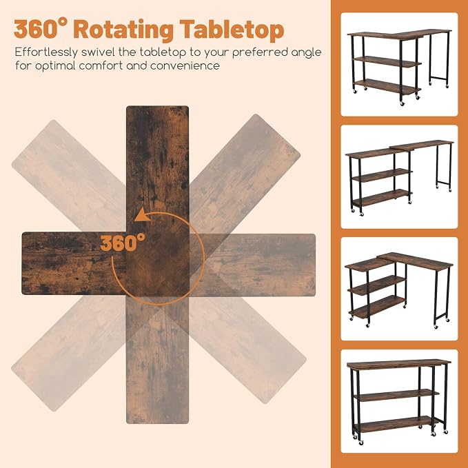 GOFLAME 360° Rotating Sofa Side Table, Mobile Couch Side End Table with 2-Tier Shelves, Swivel Rolling Desk w/Metal Frame, 6 Casters, Movable Laptop Table for Home Office, Patented, Rustic Brown