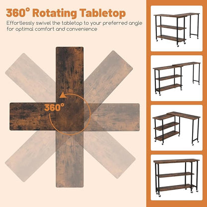 GOFLAME 360° Rotating Sofa Side Table, Mobile Couch Side End Table with 2-Tier Shelves, Swivel Rolling Desk w/Metal Frame, 6 Casters, Movable Laptop Table for Home Office, Patented, Rustic Brown