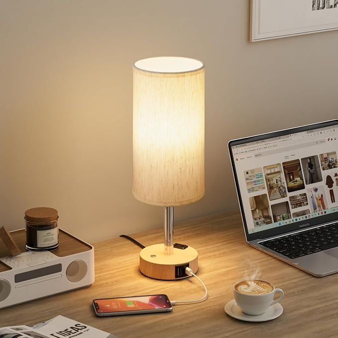 Touch Bedside Table Lamp with Memory - Stepless Dimmable Lamp for Bedroom, Small Nightstand Lamp with Dual USB Charging Ports and AC Outlet, Wood Night Light, Desk Lamp for Nursery, Living Room, Dorm