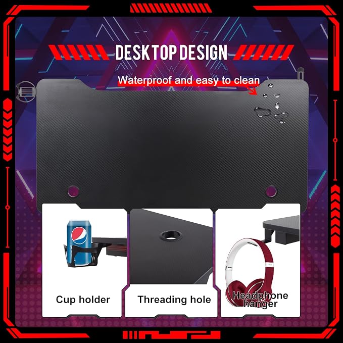 FDW Computer Desk Gaming Desk Student PC Desk Writing Desk Office Desk Modern Ergonomic Racing Style Table Workstation Carbon Fiber Headphone Hook (47in, Red)