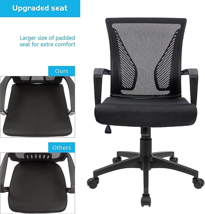 Furmax Office Chair Ergonomic Computer Desk Mesh Chair Mid Back Swivel Lumbar Support with Armrest (1, Black)