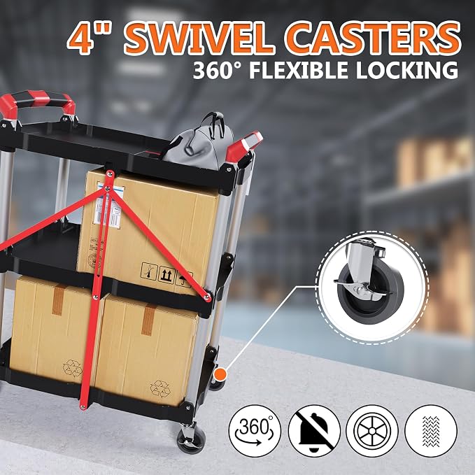 Foldable Utility Service Cart, 3 Tier Folding Service Cart Collapsible with 360° Swivel Wheels, 200 LBS Heavy Duty Plastic Rolling Tool Cart Portable for Warehouse Garage Workshop Office