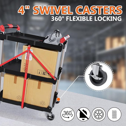 Foldable Utility Service Cart, 3 Tier Folding Service Cart Collapsible with 360° Swivel Wheels, 200 LBS Heavy Duty Plastic Rolling Tool Cart Portable for Warehouse Garage Workshop Office
