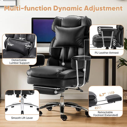 Sweetcrispy Home Office Desk Chair, Executive Ergonomic Big Tall High Back with Footrest & Lumbar Support, Reclining Height Adjustable, Comfy PU Leather Computer Gaming with Swivel Wheels, Black