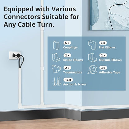 Cord Covers for Wires on Wall Extra-Long, 24ft TV Cord Hider Kit, Paintable Cable Management Concealer, TV Wire Hider for Wall, White Cable Raceway Channel, 8 x L36in x W0.95in x H0.55in