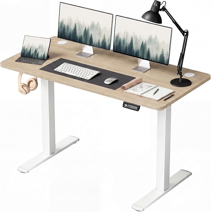 Furmax Electric Height Adjustable Standing Desk Large 48 x 24 Inches Sit Stand up Desk Home Office Computer Desk Memory Preset with T-Shaped Metal Bracket, Wood