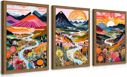 Wood Frame Boho Colorful Wall Art, Set of 3 Abstract Watercolor Mountain Landscape Wall Decor Paintings, Modern Flower Aesthetic Posters Prints for Living Room Bathroom Bedroom 16x24In Framed