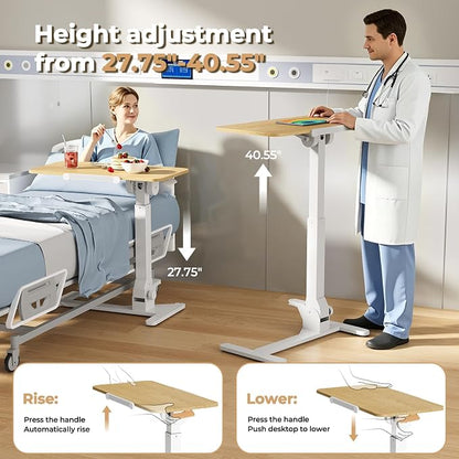 JOY worker Foldable Overbed Bedside Table, 180° Tiltable Mobile Standing Desk with Wheels, 31.5" Height Adjustable Rolling Laptop Desk for Home & Hospital Use, Easy Storage, Maple