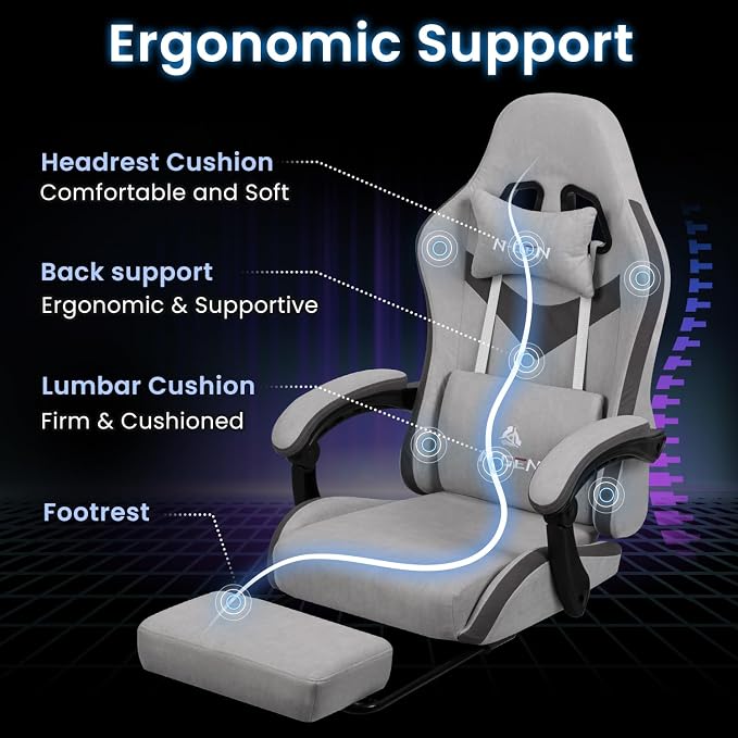 N-GEN GAMING Gaming Chair Video Game Computer Office Desk Use Ergonomic Reclining Backrest Adjustable Armrests Lumbar Support Footrest High Density Foam Breathable Fabric Heavy Duty Base (Grey)